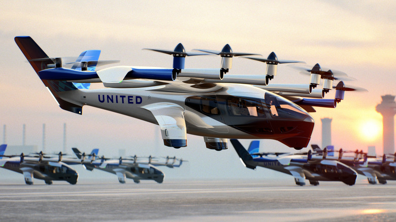 The Archer's eVTOL craft in partnership with United Airlines, lifting off a landing pad.