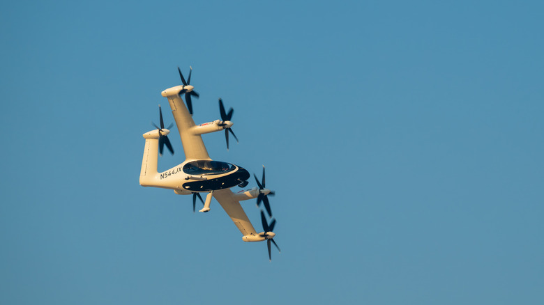 A lone air taxi in the air.
