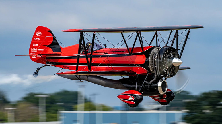 A red Waco bi-plane modified with dual jet engines and owned by Jarrod Lindemann