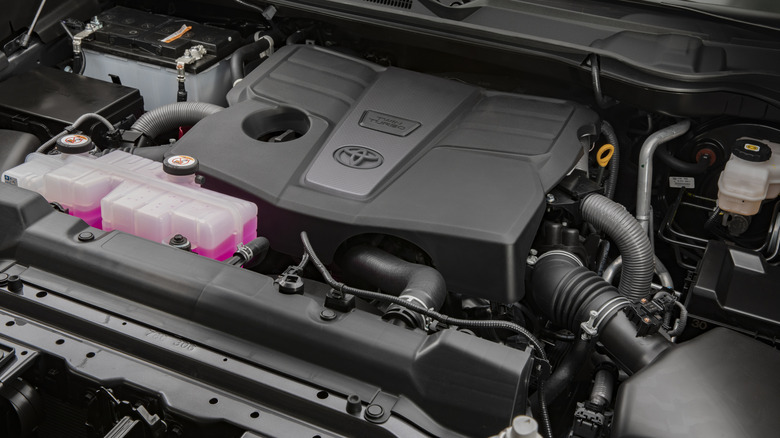 A Toyota 3.5 twin-turbo engine on display