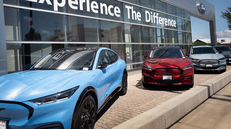 Ford Mustang Mach E electric vehicles are offered for sale at a dealership on June 05, 2024 in Chicago, Illinois.