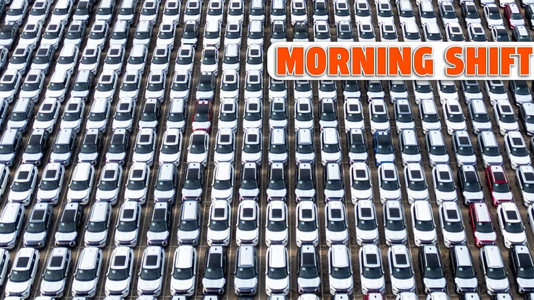 Aerial view of domestic vehicles waiting to be loaded onto a ro-ro ship for export at Binhai New Area on March 30, 2026 in Tianjin, China.