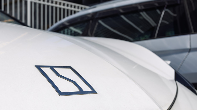 Close-up of the Zeekr logo on a white luxury electric car hood