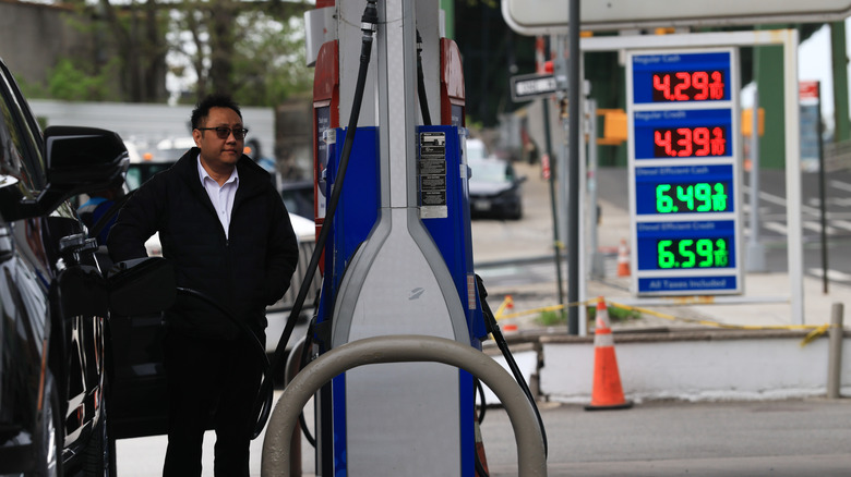 Fuel prices are displayed at a Brooklyn gas station on April 28, 2026 in New York City.