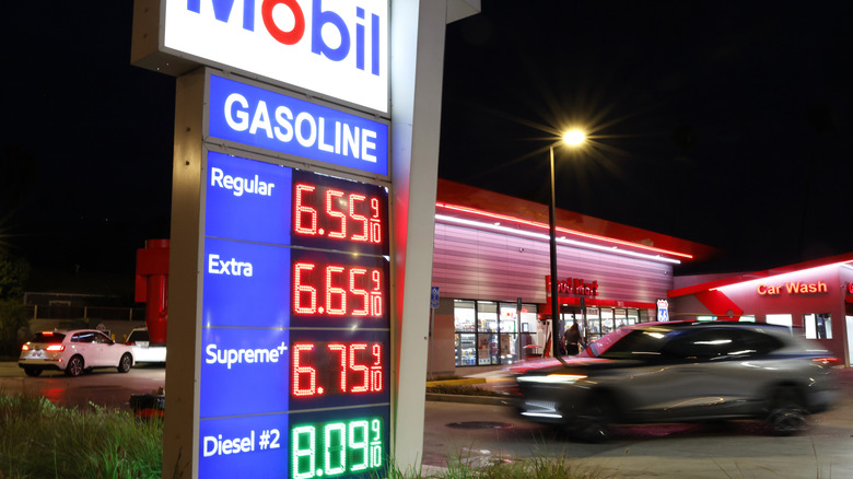 Gas prices are displayed at a Mobil gas station on March 30, 2026 in Pasadena, California.