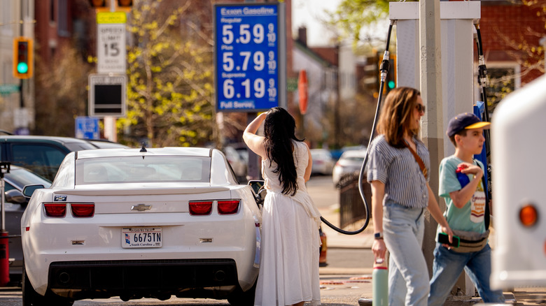 Gas prices over five dollars a gallon are displayed at an Exxon gas station near the U.S. Capitol Building on March 31, 2026 in Washington, DC.