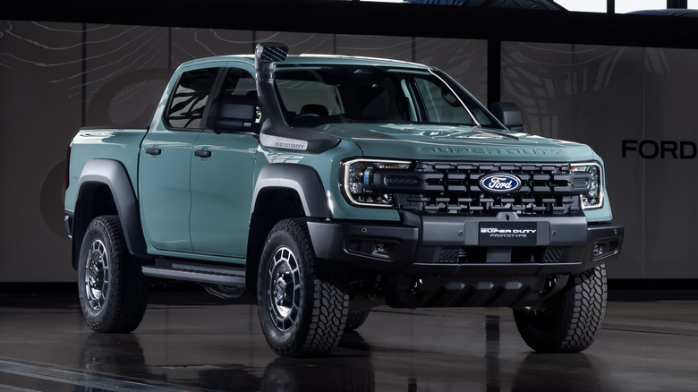 Front 3/4 view of a blue Ford Ranger Super Duty