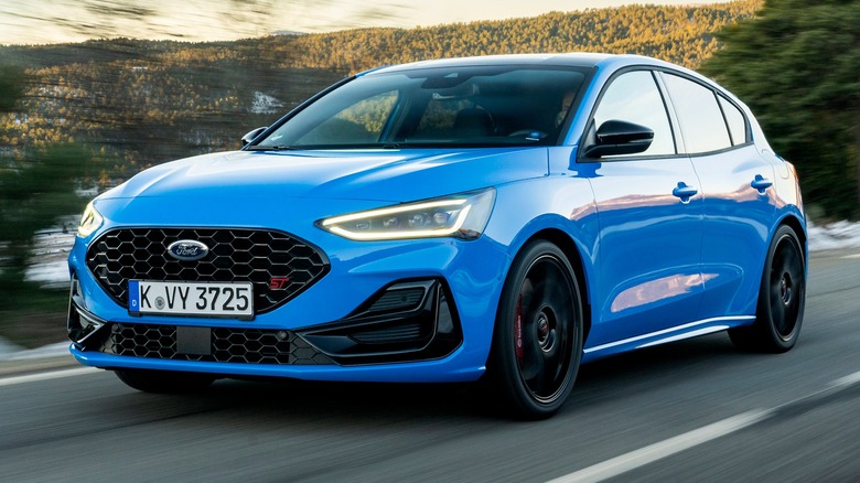 A blue European 2024 Ford Focus ST Edition