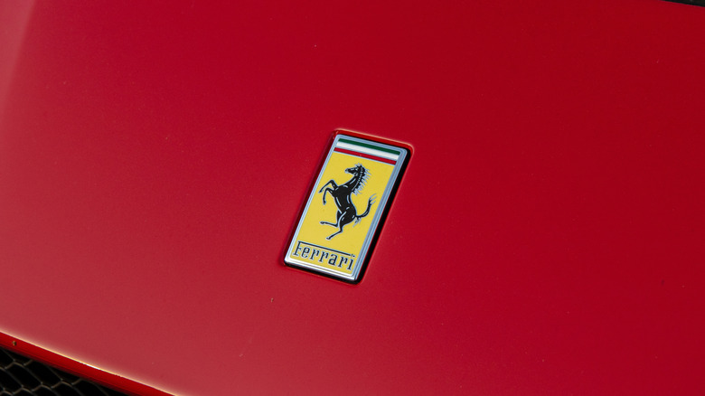 June 6, 2022, Seoul, South Korea - A close-up of the Ferrari logo on the hood of a red Ferrari 812 Superfast.