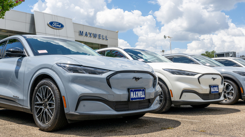 AUSTIN, TEXAS - JUNE 24: Ford Mustang Mach-E vehicles are seen for sale on a dealership lot on June 24, 2025 in Austin, Texas. Ford Motor is recalling more than 197,000 Mustang Mach-E vehicles after a malfunction with the door latches has surfaced according to the National Highway Traffic Safety Administration.