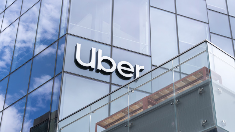 Uber sign on its headquarters building in San Francisco, California, USA - June 6, 2023.