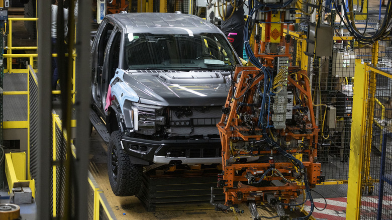 The new Ford F-150 truck goes through the assembly line at the Ford Dearborn Plant on April 11, 2024 in Dearborn, Michigan.