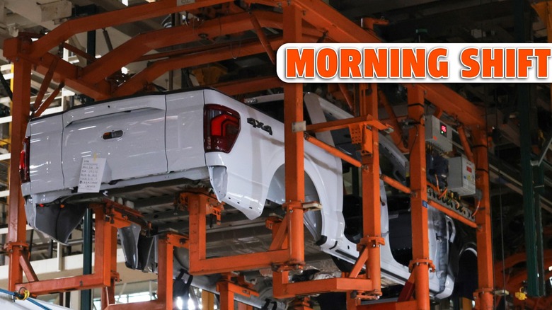The body of a Ford F-150 truck moves along the assembly line before the arrival of U.S. President Donald Trump at Ford River Rouge Complex on January 13, 2026 in Dearborn, Michigan.