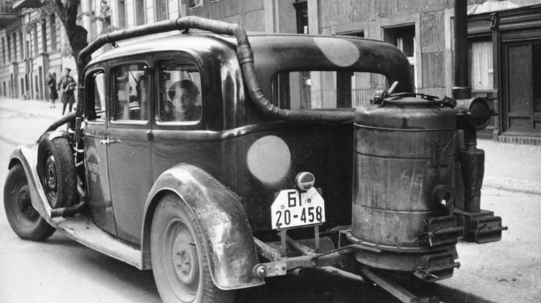 A wood gas-powered car in Berlin, Germany during World War II