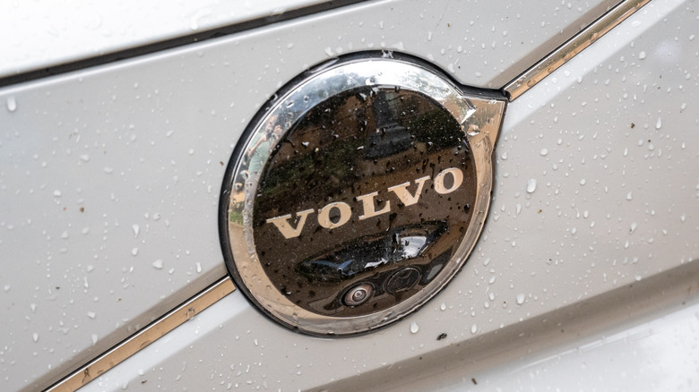 A volvo emblem in the rain