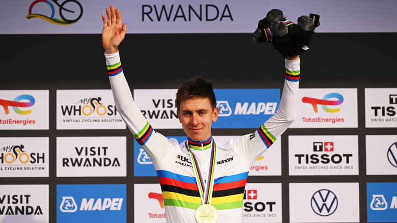 Gold medalist Tadej Pogacar and Team Slovenia celebrates winning during the medal ceremony after the 98th UCI Cycling World Championships Kigali 2025, Men Elite Road Race a 267.5km race from Kigali to Kigali on September 28, 2025 in Kigali, Rwanda.