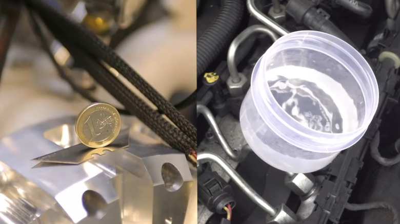 A side by side of the INNengine e-Rex with a coin balanced on top and a standard car engine with a cup of water