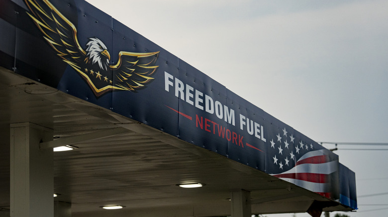 The roof of a gas station that reads "Freedom Fuel Network."