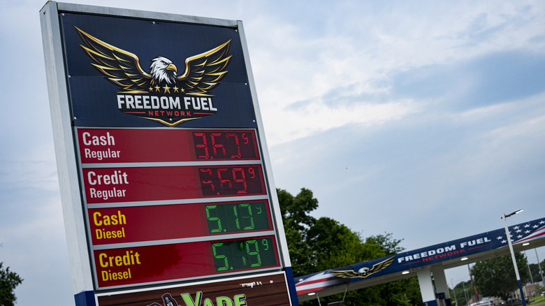 The price sign for a Freedom Fuel Station with regular gas at $3.69.
