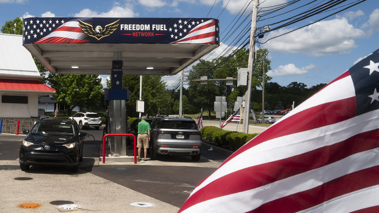 A Freedom Fuel-clad gas station somewhere in Pennsylvania. American flag color schemes everywhere.