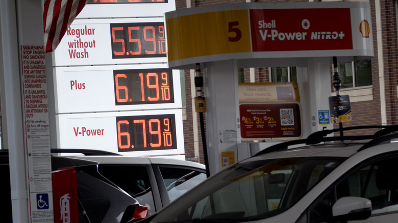 A gas price sign at a Shell station in Chicago, reading $5.59 for regular, $6.19 for plus, and $6.79 for premium.