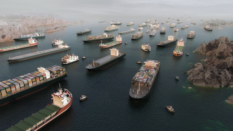 A large number of vessels and container ships sit in the congested Strait of Hormuz.