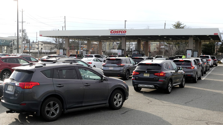 Cars lined up at a Costco fuel center