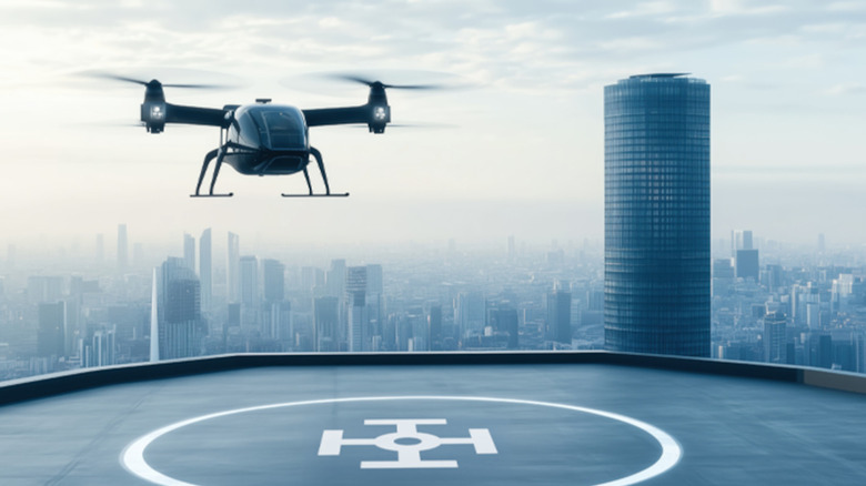 A rendering of an Advanced Air Mobility craft in a city