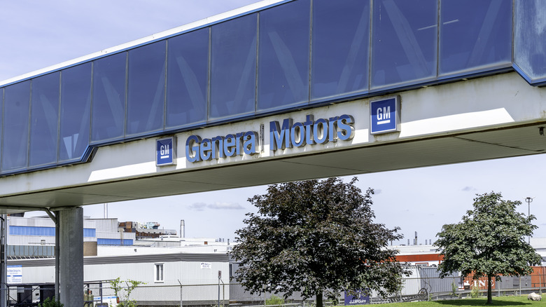 Oshawa, Ontario, Canada - July 01, 2019: Sign Of General Motors on the bridge at the GM Oshawa Car Assembly facility in Oshawa, Ontario, Canada.