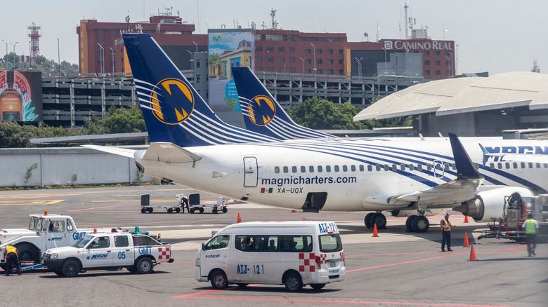 Two Boeing 737s operated by Magnicharters at an airport terminal