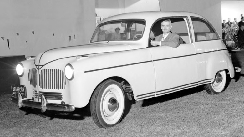 A black-and-white photo of Ford's Soybean Car, also called the Hemp Car