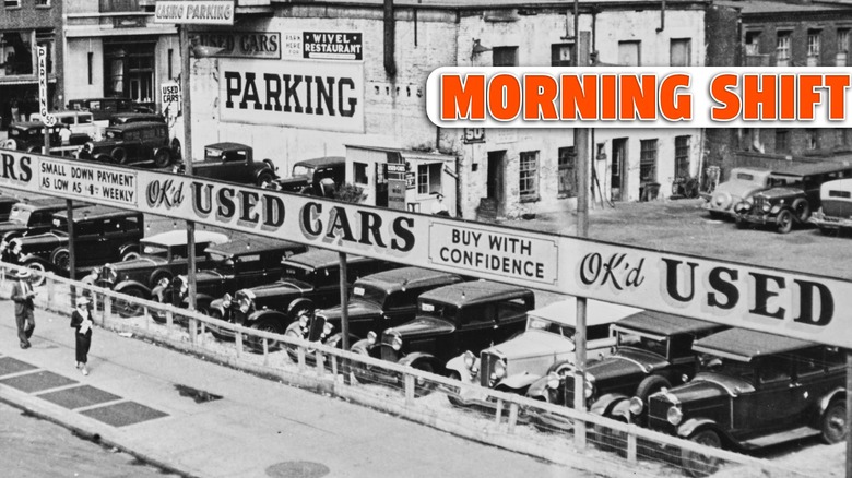 A high-angle view of a used car dealership in Manhattan, New York City, New York, circa 1935.