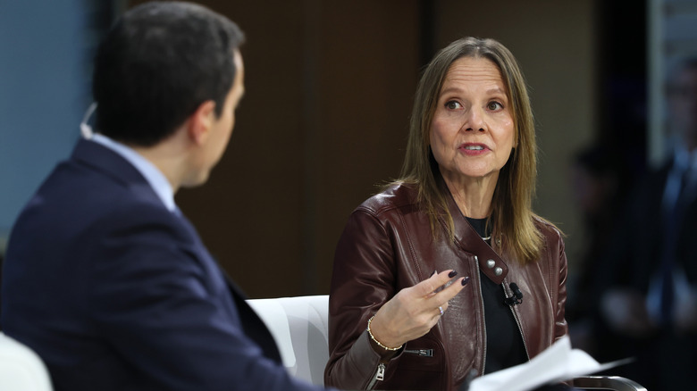 New York Times columnist Andrew Ross Sorkin and Chair and CEO of General Motors Mary Barra speak onstage during the 2025 New York Times Dealbook Summit at Jazz at Lincoln Center on December 03, 2025 in New York City. NYT columnist Sorkin hosted the annual Dealbook summit which brings together business and government leaders to discuss the most important stories across business, politics and culture.