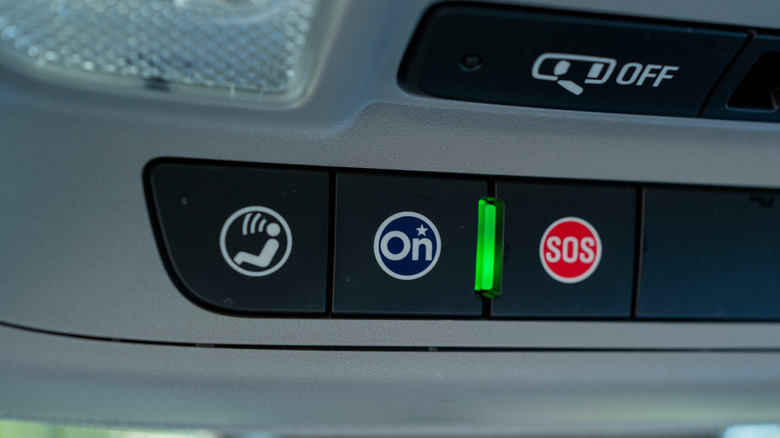 Close up of OnStar and SOS buttons on a Chevrolet vehicle, Lafayette, California, May 3, 2024.