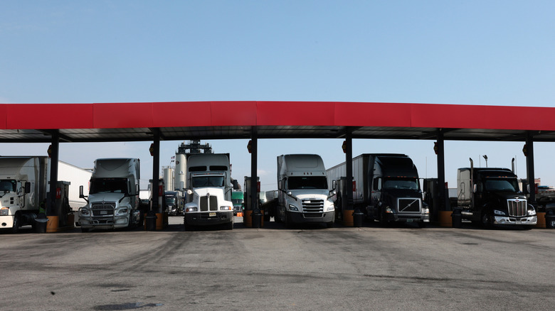 Trucks are parked at a Pilot gas station on September 17, 2026 in Newark, New Jersey.