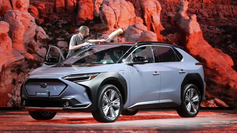 CHICAGO, ILLINOIS - FEBRUARY 10: Subaru shows off the Solterra all-electric SUV during the Chicago Auto Show at McCormick Place convention center on February 10, 2022 in Chicago, Illinois. The show, the nation's largest and longest-running auto show, will open to the public on February 12 and run through February 21. (Photo by Scott Olson/Getty Images)