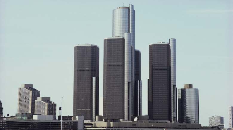 The Renaissance Center, seen in a photo from the 1980s.