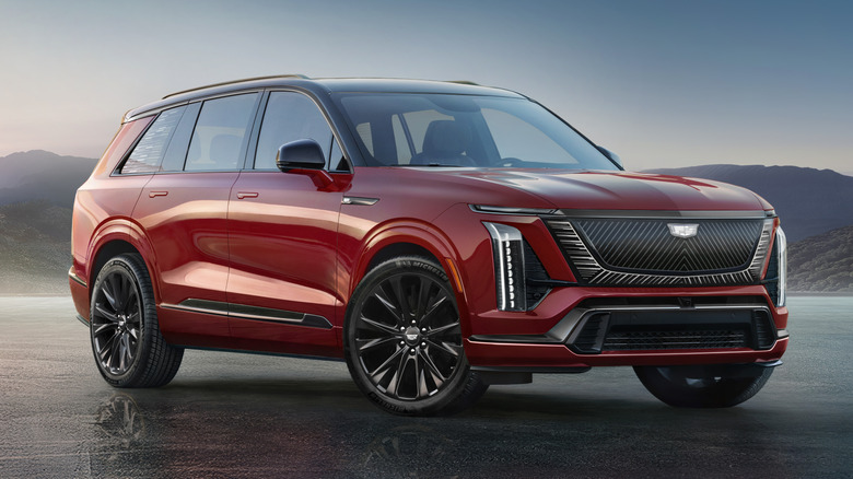 Front 3/4 view of the 2026 Cadillac VISTIQ Platinum trim in Radiant Red.