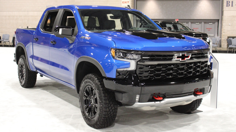 A blue Chevrolet Silverado on display