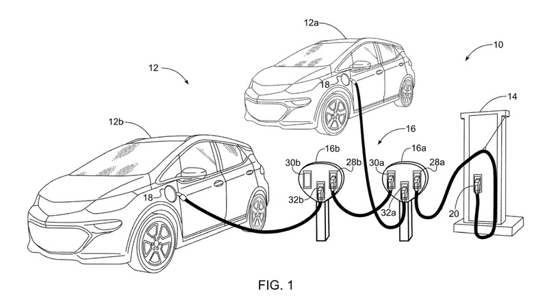 A patent drawing of GM's daisy chain DC charging station.