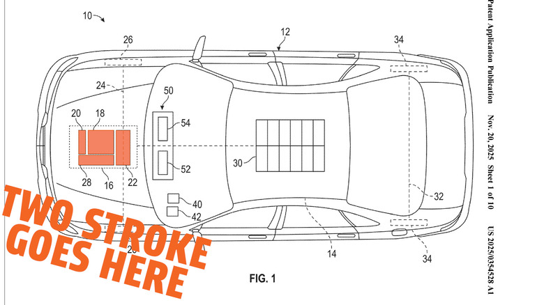 Line drawing of a car from above with labels on its engine bay, marked TWO STROKE GOES HERE