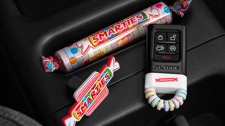 Smarties candy on Slate dash, plus Smarties-themed key and slatelet
