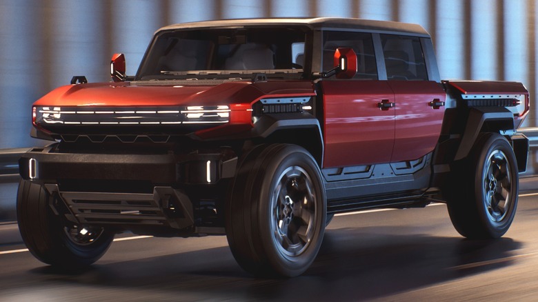 A front three-quarters shot of a red Hummer X Pickup driving through a tunnel