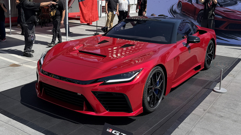Front 3/4 view of a red GR GT at the Petersen museum