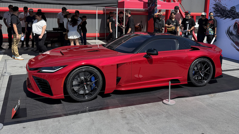 Front 3/4 view of a red GR GT at the Petersen museum