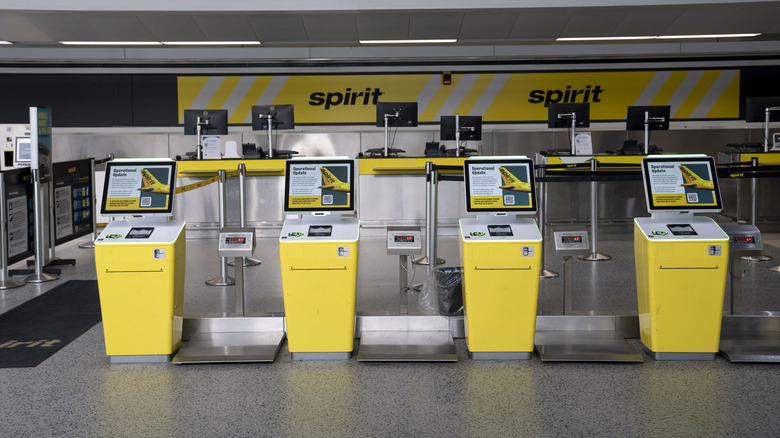The Spirit Airlines ticket counter at Detroit Metro Airport is closed down after the airline shut down overnight on May 2, 2026 in Romulus, Michigan.
