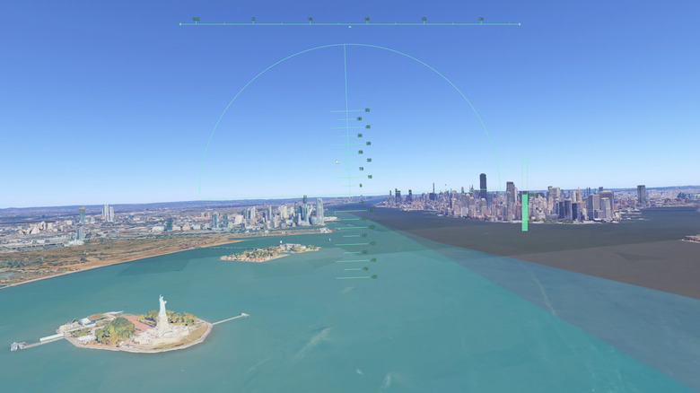 A screenshot of Google Earth's flight simulator during a flight over New York harbor