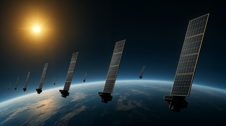 Artist's rendering of a satellite constellation in orbit