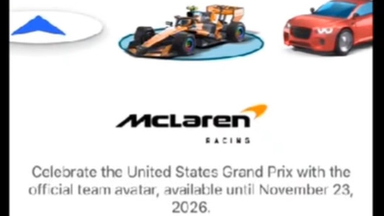 A Google Maps avatar selection page displays the temporarily available McLaren Formula 1 car option