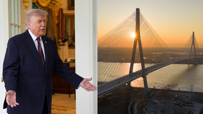 A collage of President Donald Trump standing outside the Oval Office and an aerial photo of the Gordie Howe Bridge in Detroit, Michigan.